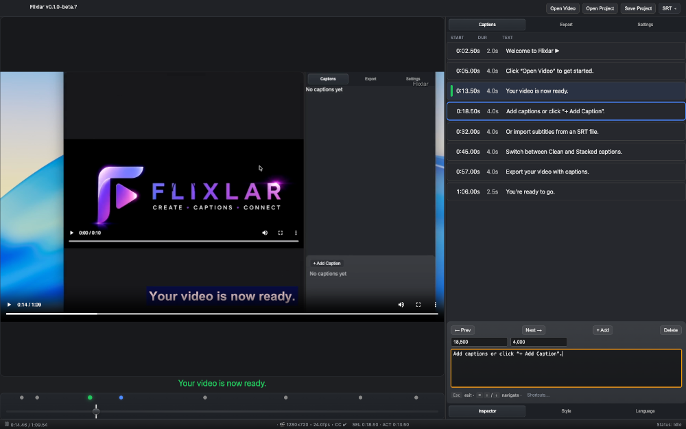 Flixlar caption editor with video preview, timeline and caption list interface