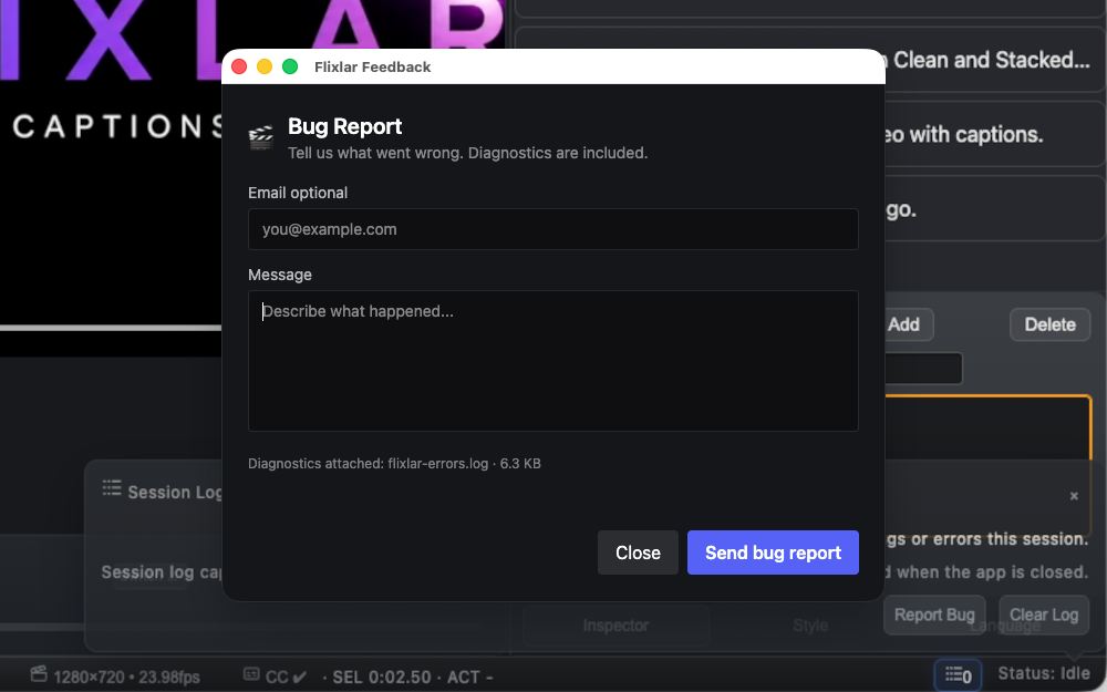 Flixlar diagnostics and status bar interface showing session logs, export progress and feedback tools