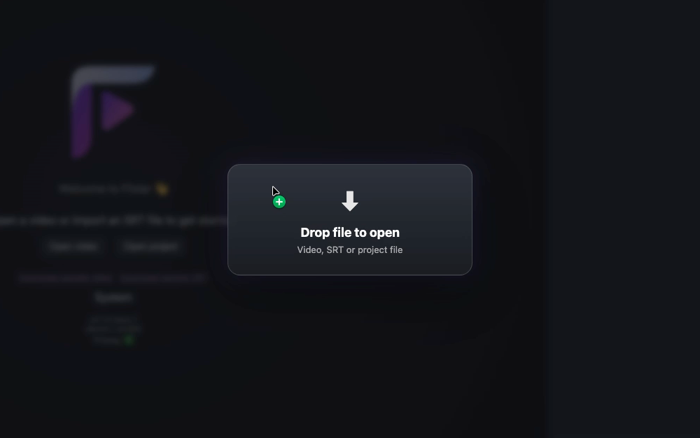 Flixlar drag and drop start screen for opening video, subtitle or project files