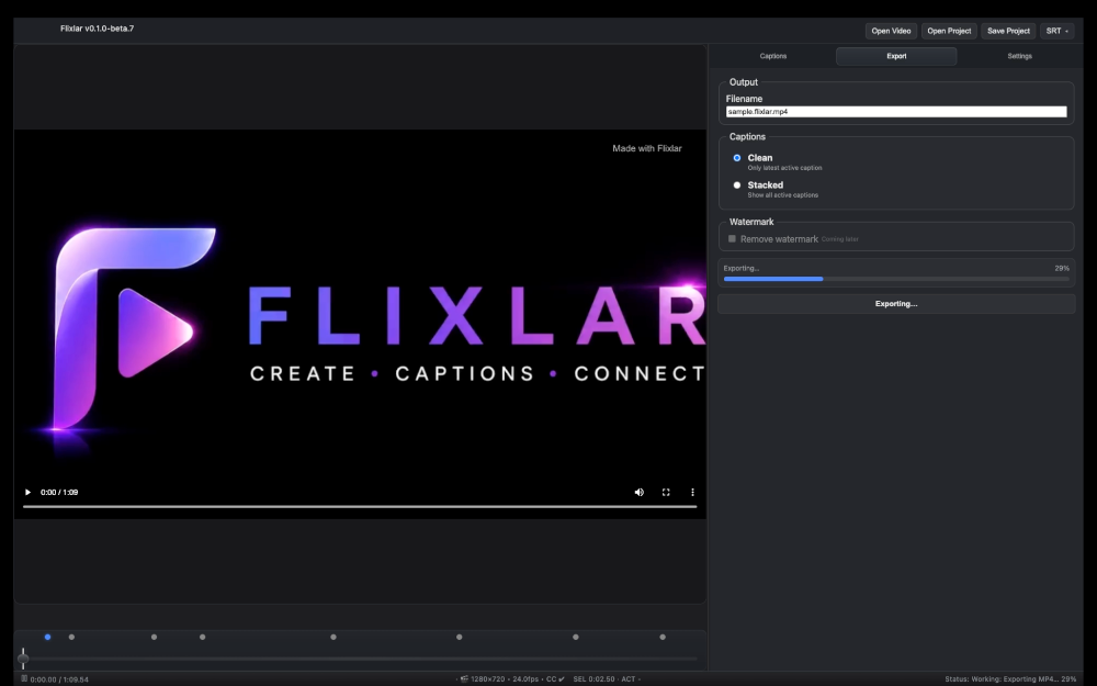 Flixlar export panel showing MP4 rendering with caption settings and progress bar