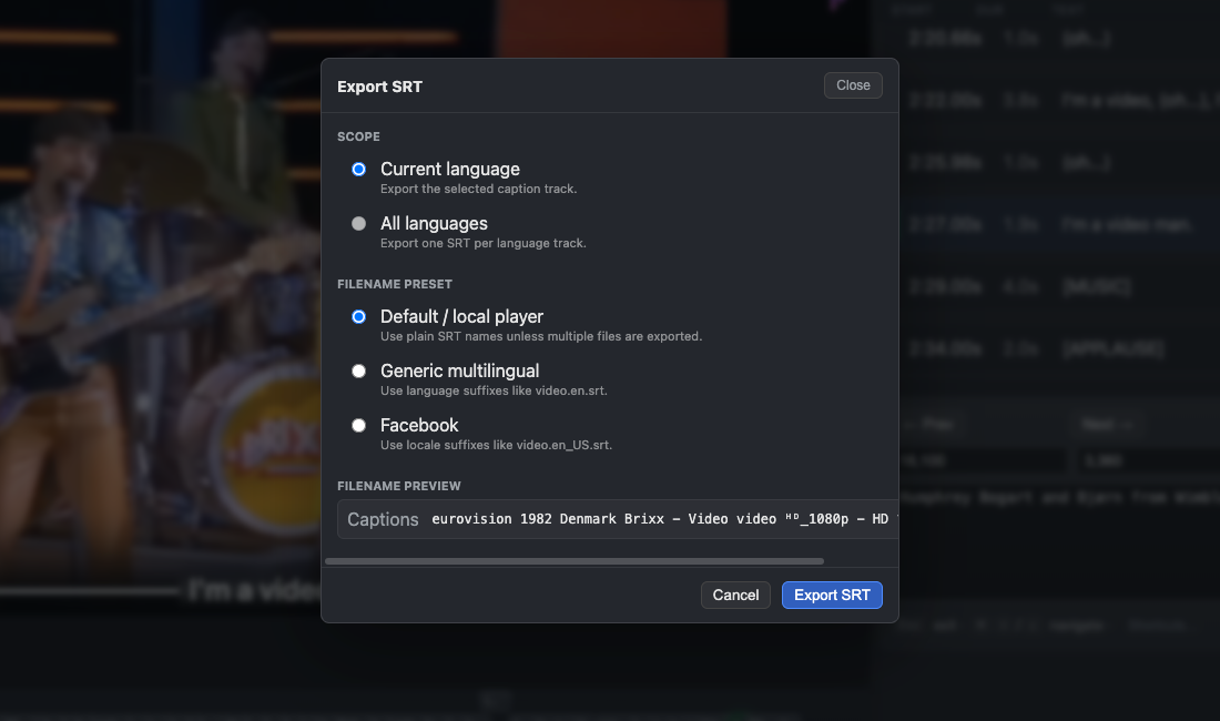 Exporting an SRT file
