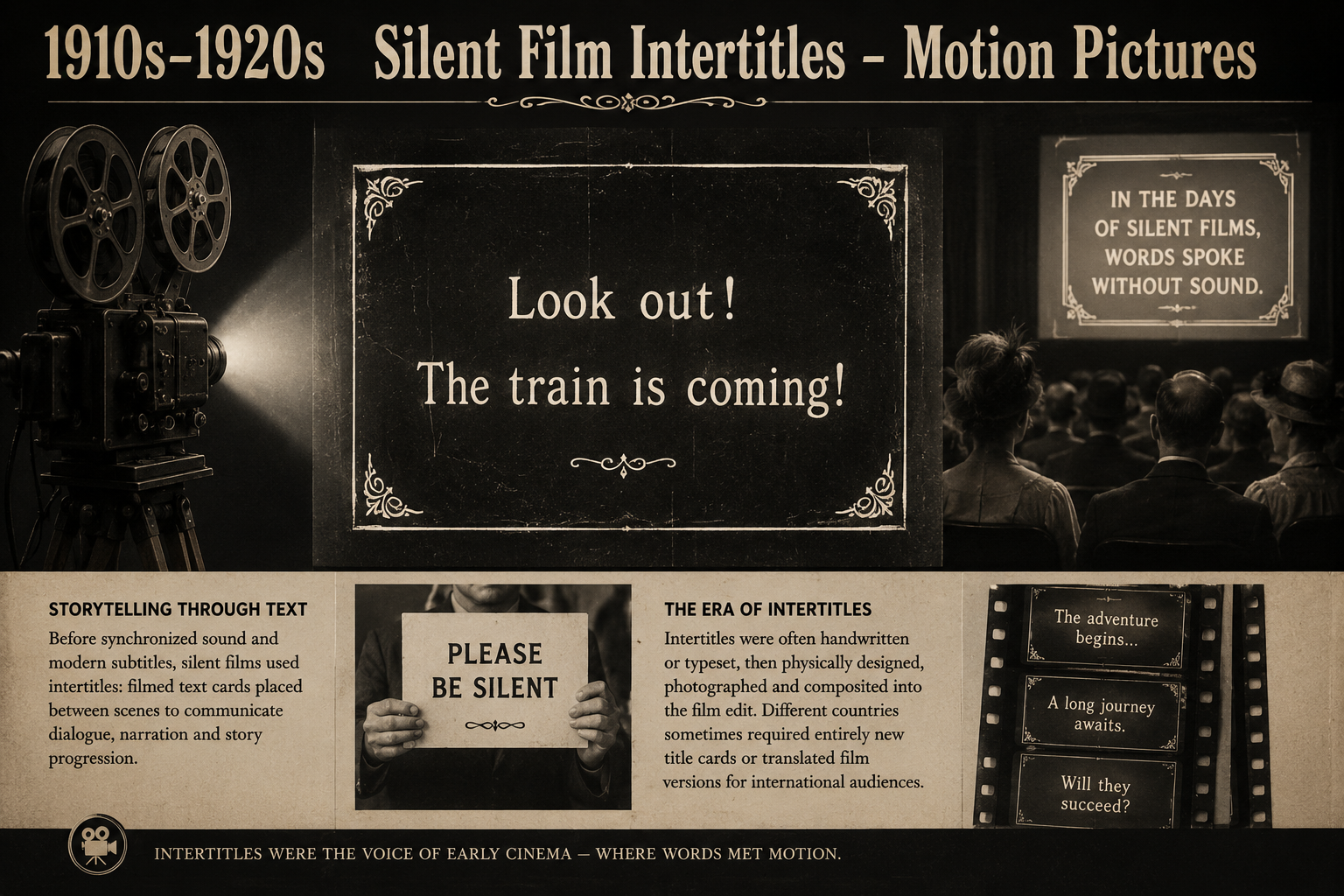 Illustration of silent film intertitles and early motion picture title cards from the 1910s and 1920s