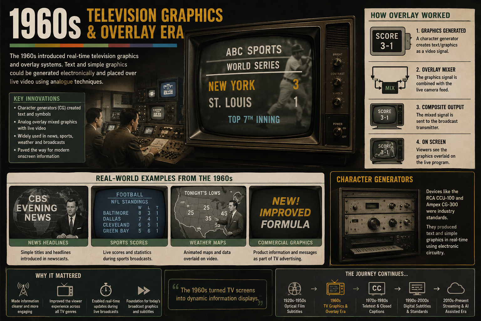 Illustration of 1960s television graphics and analog overlay systems used in early broadcast TV