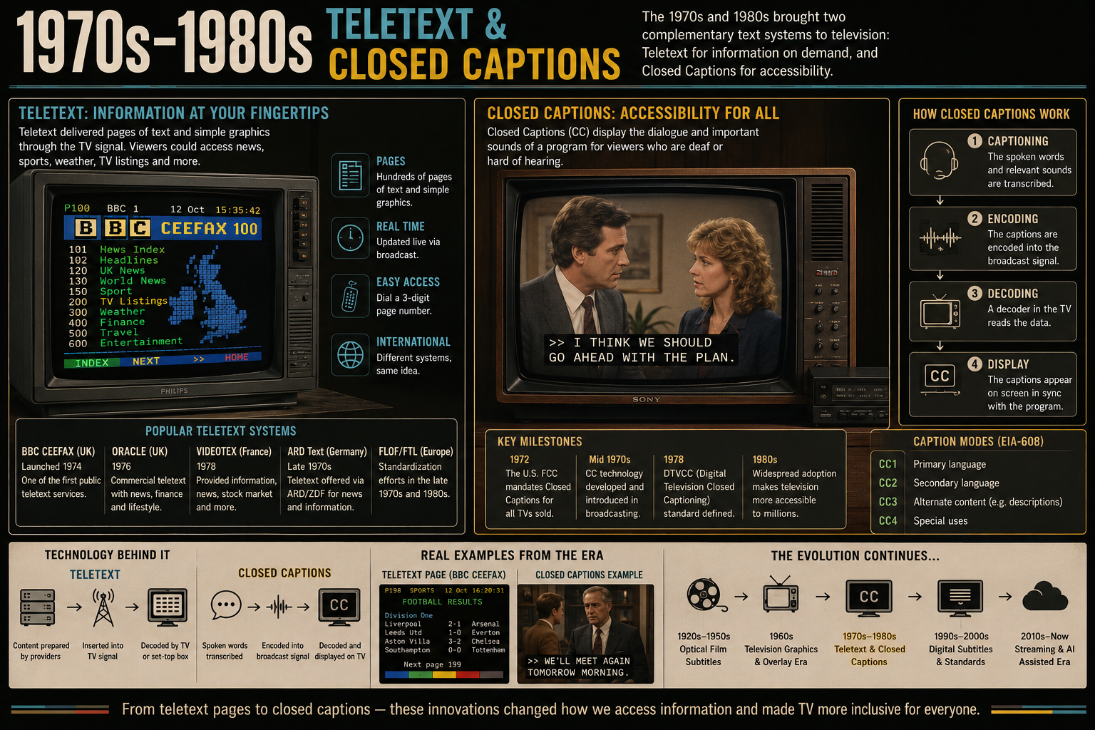 Illustration of teletext and closed caption systems used in television during the 1970s and 1980s