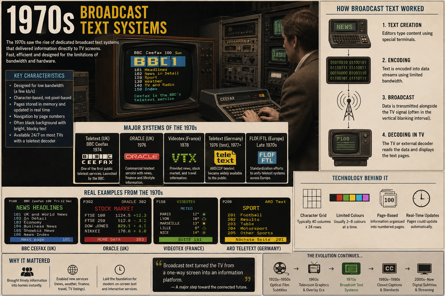 Illustration of 1970s broadcast text systems and electronic television titling technology